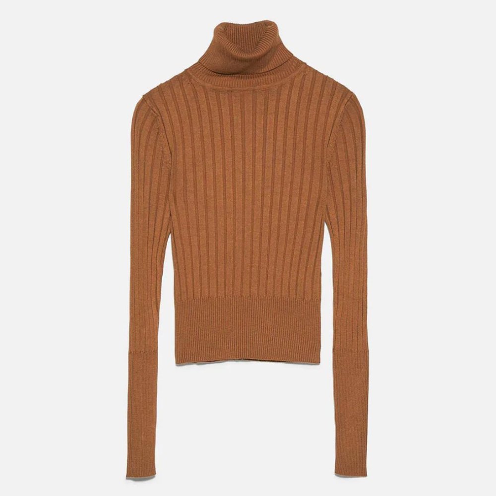 NEW LOOK Ribbed Knit Rollover Turtleneck Sweater in Camel (Size S)
